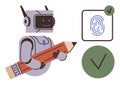 Robot holding pencil with fingerprint icon and checkmark for creative automation and digital security Royalty Free Stock Photo