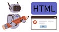 Robot holding pencil next to HTML text and error box symbolizing coding issues and solutions Royalty Free Stock Photo