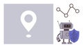 Robot with Shield, Geolocation Pin, and Data Graph Representing Cybersecurity and Technology Royalty Free Stock Photo