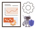 Robot with Shield and Document Showing Data Analytics and Gear Representing Automation and Security Royalty Free Stock Photo