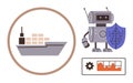 Robot with a Shield, Cargo Ship, and Data Analytics Panel Representing Technology and Security Royalty Free Stock Photo