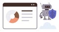 Robot with a shield protecting data chart and text in a cloud-connected framework for secure computing Royalty Free Stock Photo