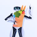 robot holding shopping bag with groceries modern robotic character artificial intelligence concept