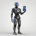 Robot holding tablet isolated on white background isolated on white background Royalty Free Stock Photo