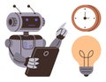 Robot with tablet pointing at clock and light bulb emphasizing technology, time, and innovation Royalty Free Stock Photo