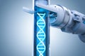 Robot holding test tube with dna helix