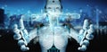 Robot holding and touching holographic drone projection 3D rendering