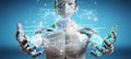 Robot holding and touching holographic drone projection 3D rendering