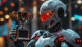 A robot holding a trophy in it's hand. The robot is standing in a futuristic city