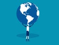 Robot is holding up globe. Concept robotic vector illustration. Flat design style