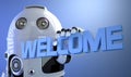 Robot holding WELCOME sign. Technology concept.