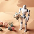 A robot holds flowers while standing in the desert