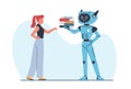 Robot holds out stack of books to girl. Artificial intelligence chooses literature. Learning process. Education