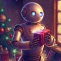 Robot holds red gift box in a room in front of Christmas tree. Generative AI illustration