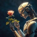 The robot holds a rose in its hands. The relationship between technology and nature Royalty Free Stock Photo