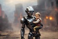 A robot holds a small child against a blurred background of destruction, war, apocalypse. Royalty Free Stock Photo