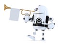 Robot holds trumpet with blank white flag. 3D illustration. Isolated. Contains clipping path