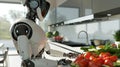 Robot housekeeper prepares food in the kitchen.