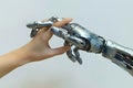 Robot and human hands touch over big data network connections artificial intelligence High quality photo Royalty Free Stock Photo