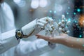 Robot and human hands touch over big data network connections artificial intelligence High quality photo Royalty Free Stock Photo