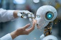 Robot and human hands touch over big data network connections artificial intelligence High quality photo Royalty Free Stock Photo