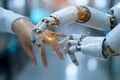 Robot and human hands touch over big data network connections artificial intelligence High quality photo Royalty Free Stock Photo