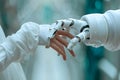 Robot and human hands touch over big data network connections artificial intelligence High quality photo Royalty Free Stock Photo
