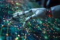Robot and human hands touch over big data network connections artificial intelligence High quality photo Royalty Free Stock Photo