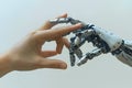 Robot and human hands touch over big data network connections artificial intelligence High quality photo Royalty Free Stock Photo