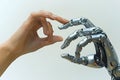 Robot and human hands touch over big data network connections artificial intelligence High quality photo Royalty Free Stock Photo