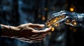 robot and human handshake. Concept of artificial intelligence for industrial revolution