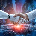 Robot and human handshake representing mankinds relationship with artificial inteligence set against a high tech background Royalty Free Stock Photo