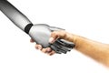Robot and human holding hands with handshake isolated on white background. Cyber communication concept. Royalty Free Stock Photo