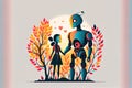 Robot and human in love. Futuristic concept of relationship between human and artificial intelligence. Flat design illustration