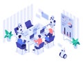 Robot and human office workers. Robotic worker, humans and robots work together in futuristic workplace isometric vector