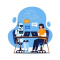 Robot and human working together at desk with laptops Royalty Free Stock Photo