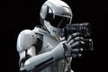 Robot humanoid with camera isolated on black background. 3D rendering. Futuristic AI robot photographer, model actor doing a