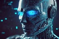 Robot humanoid face with blue glowing eyes close up. Generative AI Royalty Free Stock Photo