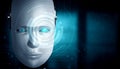 Robot humanoid face close up with graphic concept of AI thinking brain Royalty Free Stock Photo