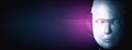 Robot humanoid face close up with graphic concept of AI thinking brain Royalty Free Stock Photo