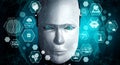 Robot humanoid face close up with graphic concept of AI thinking brain Royalty Free Stock Photo