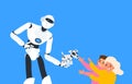 Robot humanoid gives a robotic dog to children boy and girl smart technology concept