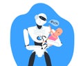 Robot humanoid holding baby in hands artificial intelligence babysitter technology vector