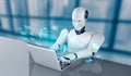 Robot humanoid use laptop and sit at table in concept of AI thinking brain Royalty Free Stock Photo