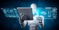 Robot humanoid using tablet computer for big data analytic Royalty Free Stock Photo