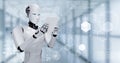 Robot humanoid using tablet computer for big data analytic Royalty Free Stock Photo