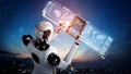 Robot humanoid using tablet computer for big data analytic Royalty Free Stock Photo