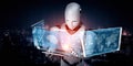 Robot humanoid using tablet computer in concept of AI thinking brain Royalty Free Stock Photo