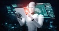Robot humanoid using tablet computer in concept of AI thinking brain Royalty Free Stock Photo