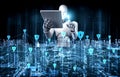 Robot humanoid using tablet computer for global network connection Royalty Free Stock Photo